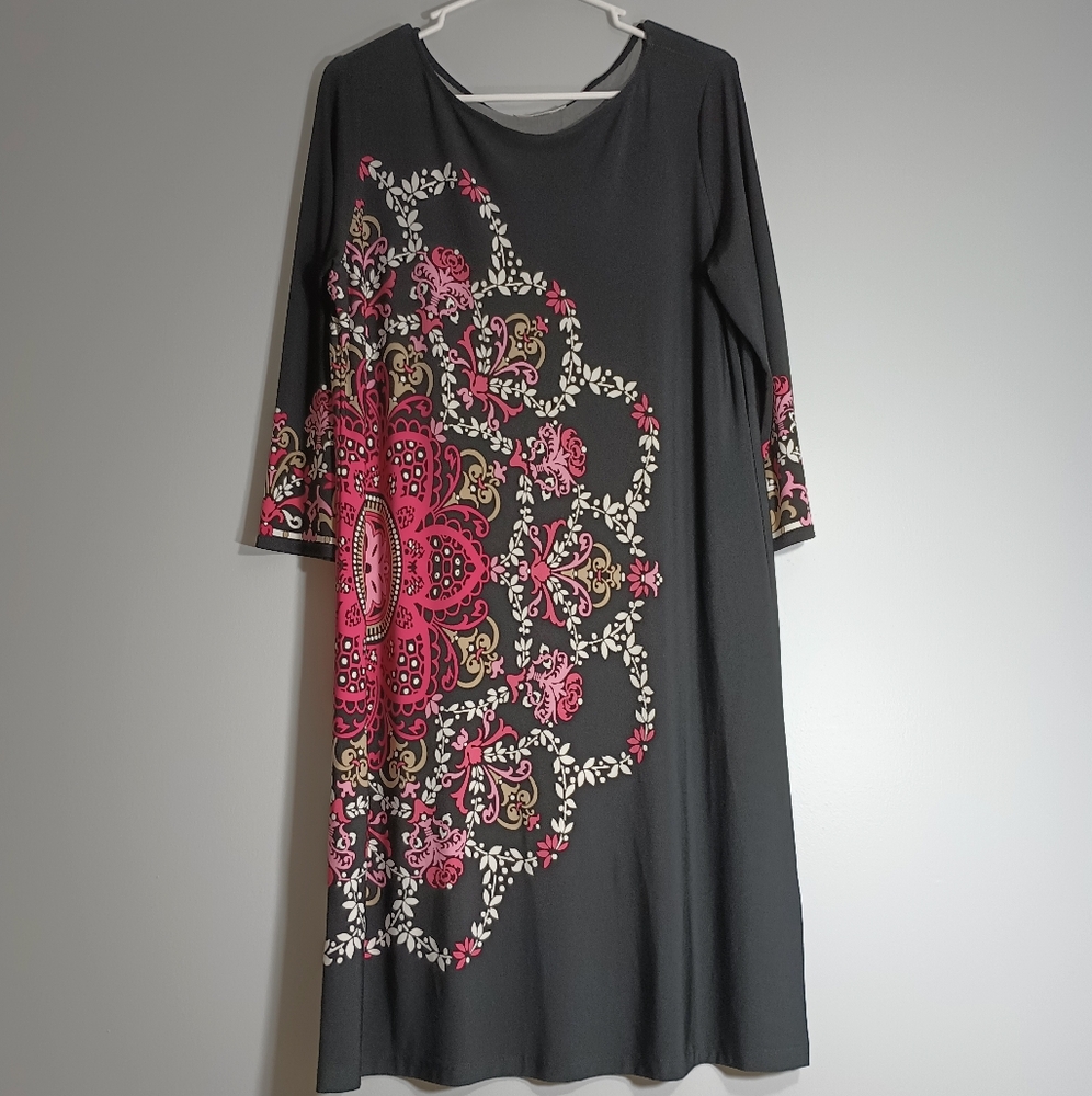 Dressbarn Black Dress with Pink and White Floral‎ Design 14